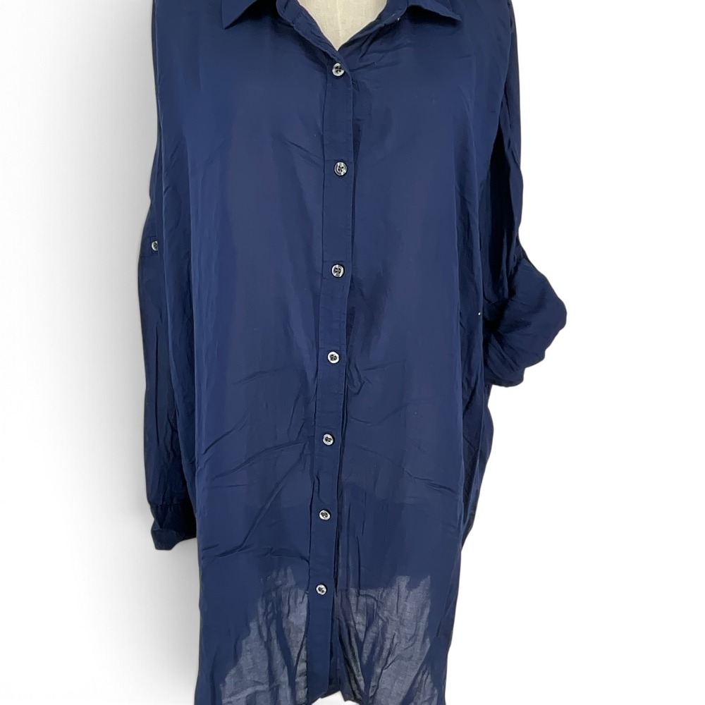 Lands End Navy Blue Modal Roll Tab Sleeve Button Down Tunic Top Cover-up L-XL